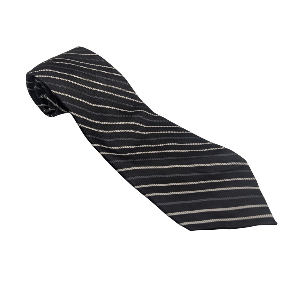 George Necktie Mens OS Black Striped 100% Silk Classic Formal Business Tie